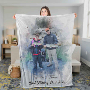Personalized Fishing Blanket for Dad, Best Fishing Dad Ever Blanket, Fishing Watercolor Dad Father's Day Blanket