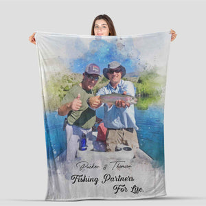 Personalized Fishing Blanket for Dad, Fishing Watercolor Dad Father's Day Blanket, Fishing Partners For Life Blanket