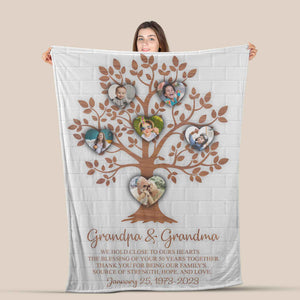 50th Anniversary Gift, Personalized Family Heart Tree With Custom Grandchildren Photos Blanket