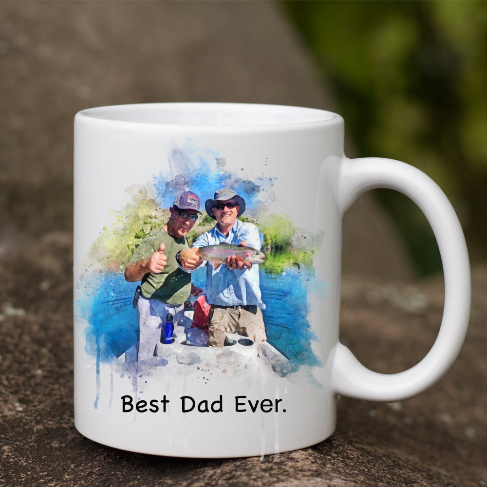 Personalized Fishing Mug for Dad, Watercolor Portrait Photo on Mug, Gift for Dad Mug