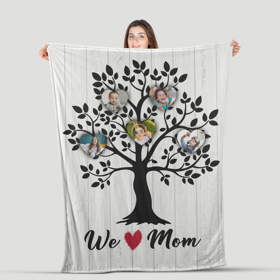Personalized Mom Family Heart Tree With Kids Photo Blanket, We love Mom Family Tree Blanket, Gift for Mom