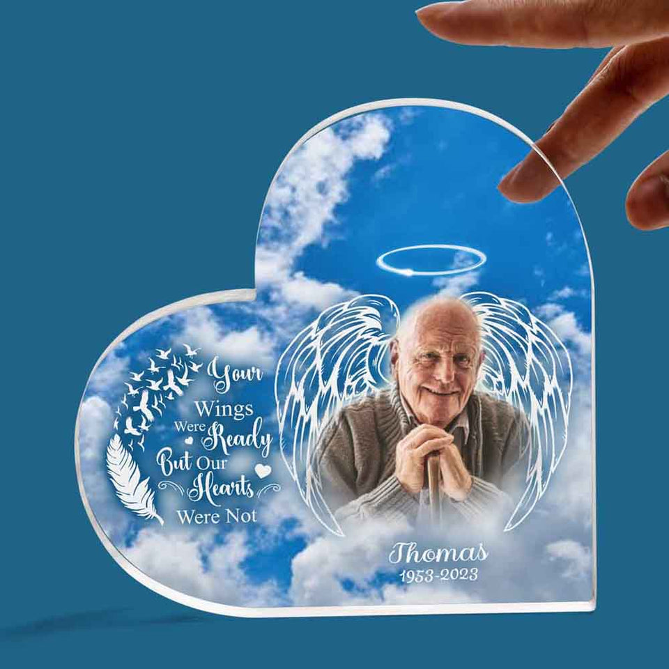 Memorial Loss Of Dad Grandpa Gift Personalized Heart Acrylic Plaque, Your Wings Were Ready But Our Hearts Acrylic Plaque