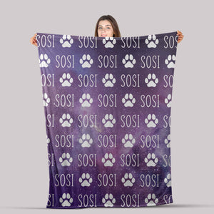 Custom Dog Puppy Blanket, Personalized Paw Print Name Galaxy Blanket