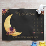 Love You To The Moon & Back Milestone Personalized Baby Blanket, Moon Stars Nursery Baby Blanket