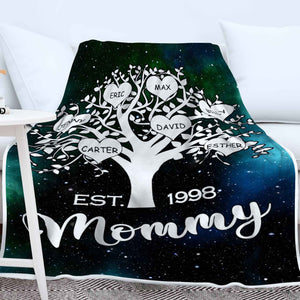 Personalized Mom Family Heart Tree With Kids Names Galaxy Blanket, Gift For Mom & Grandma
