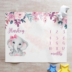 Elephant Baby Girl Milestone Blanket, Baby Growth Monthly Blanket, Personalized Baby Girl Blanket