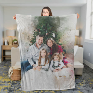 Personalized Christmas Gift for Sister Photo Watercolor Fleecee/Sherpa Blanket