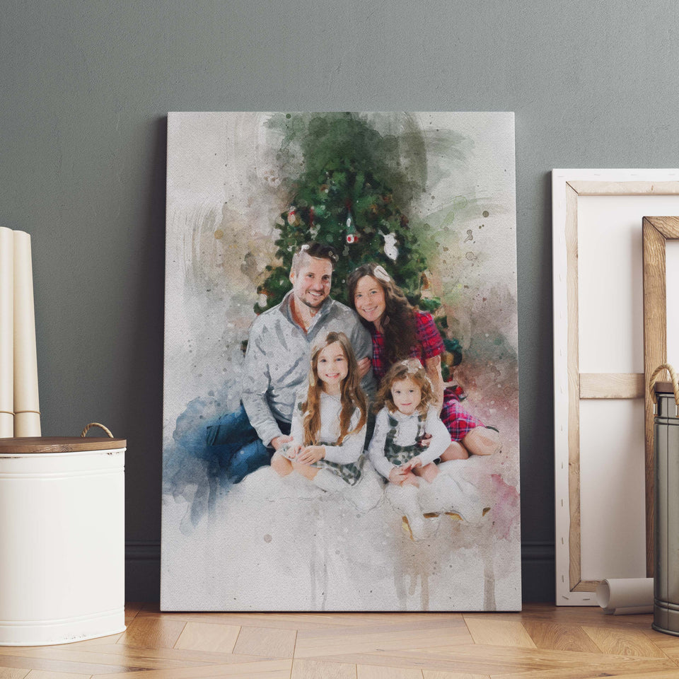 Personalized Christmas Family Photo Watercolor Portrait Landscape , Christmas Gift Canvas Wall Art Decor