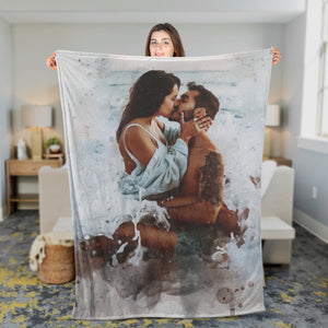 Valentine Day Gift for Couple Custom Watercolor Any Photo on Valentine Portrait Blanket