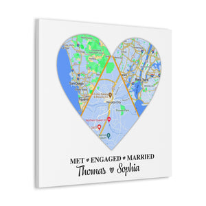 Personalized Map Heart Art, Met Engaged Married, Anniversary Gift for Couple Canvas Wall Art