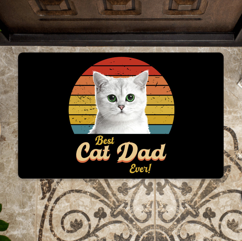 Best Cat Dad Ever Personalized Cat Photo Vintage Retro Doormat - GreatestCustom