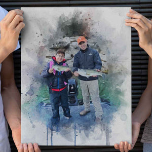 Personalized Fishing Dad Canvas, Portrait for Fishing Dad, Watercolor Portrait for Fishing Dad