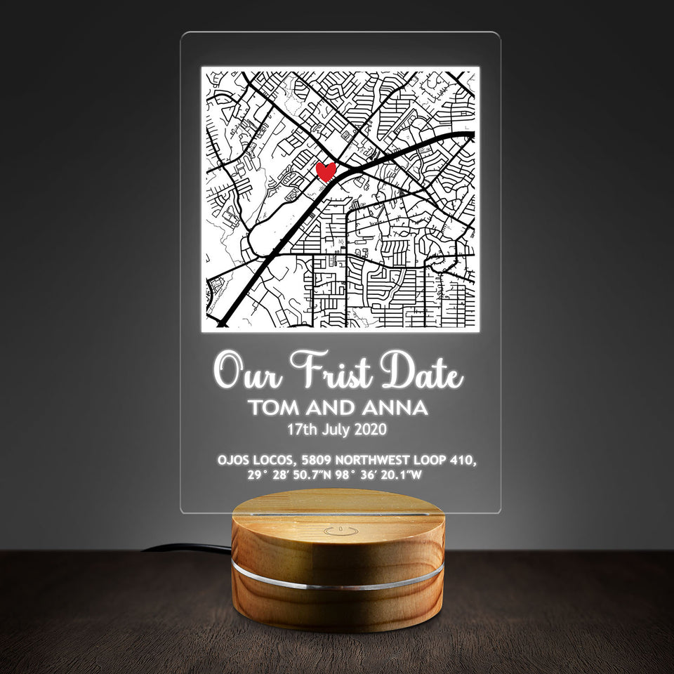 Our First Date Valentines Day Map Plaque Couples Gift For Her Personalized Acrylic Plaque With LED Night Light