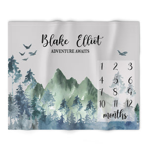 Mountains Monthly Milestone Blanket, Personalized Baby Blanket, New Baby Shower Gift Blanket