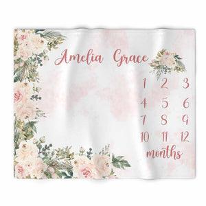 Blush Pink & White Floral Monthly Milestone Baby Girl Blanket, Newborn Baby Girl Blanket