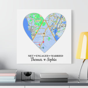 Personalized Map Heart Art, Met Engaged Married, Anniversary Gift for Couple Canvas Wall Art