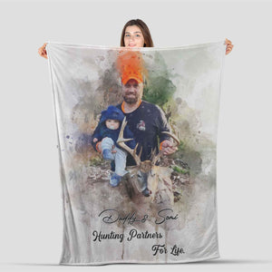 Personalized Hunting Blanket for Dad, Watercolor Dad & Son Hunting Blanket , Hunting Dad Father's Day Blanket
