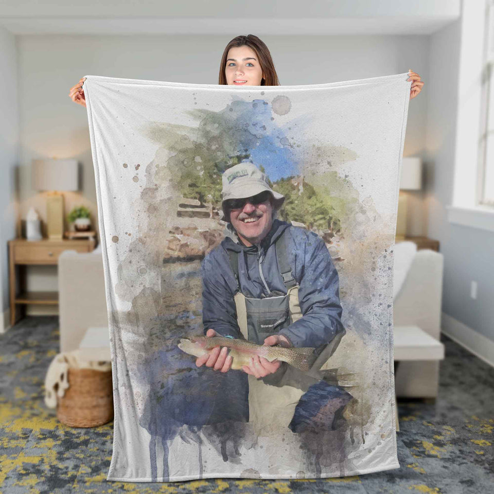 Gift for Fishing Grandpa Best Fishing Papa Ever Watercolor Your Photo on Blanket