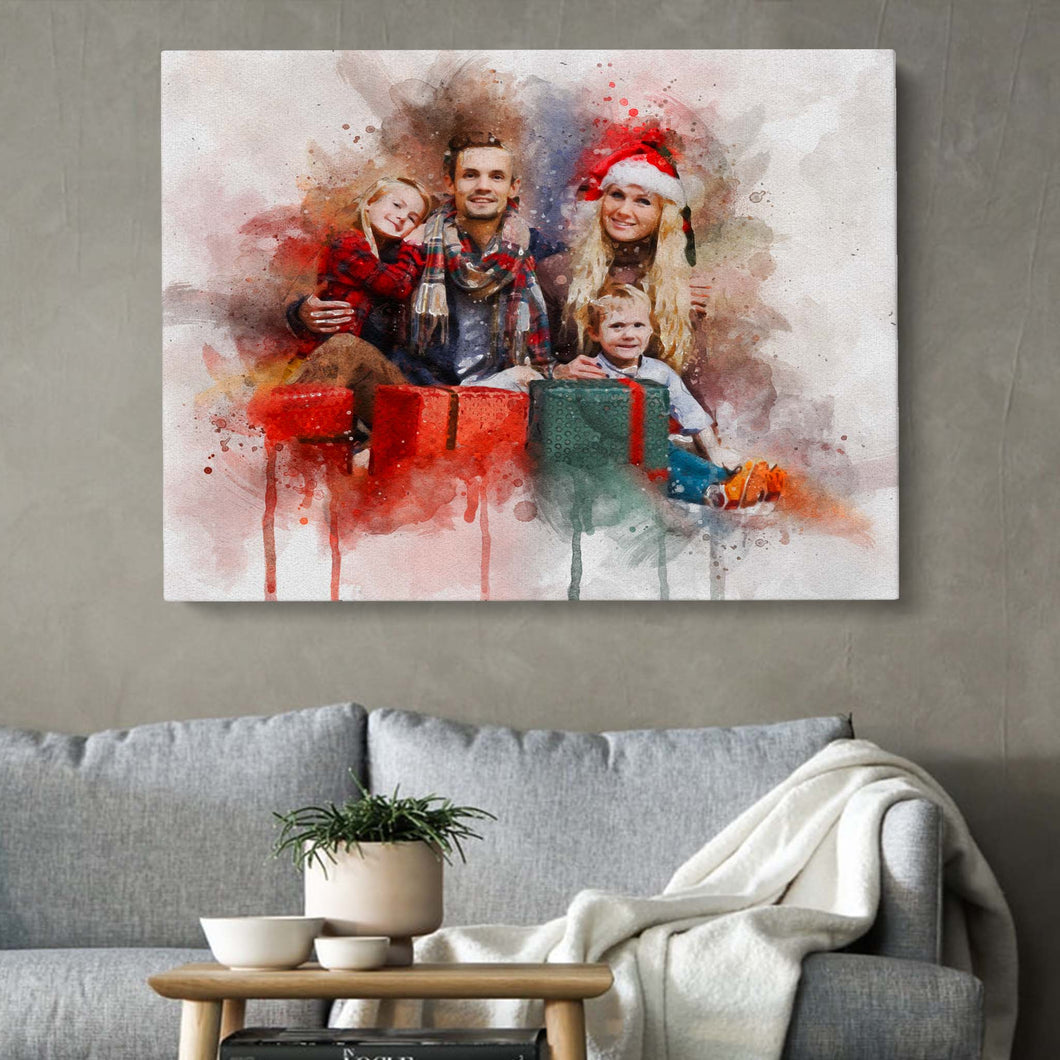 Personalized Custom Family Photo Christmas Wall Decor, Christmas Watercolor Wall Art