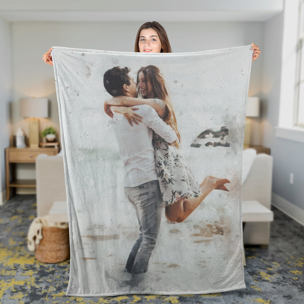 Personalized Gift for Valentine Photo Blanket, Watercolor Valentine Blanket