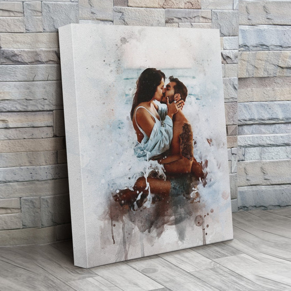 Personalized Couple Photo Art Canvas, Couple Painting Watercolor Portrait