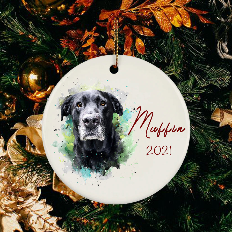Personalized Photo Dog Watercolor Circle Ornament, Gifts For Dog Lovers, Dog Christmas Ornament