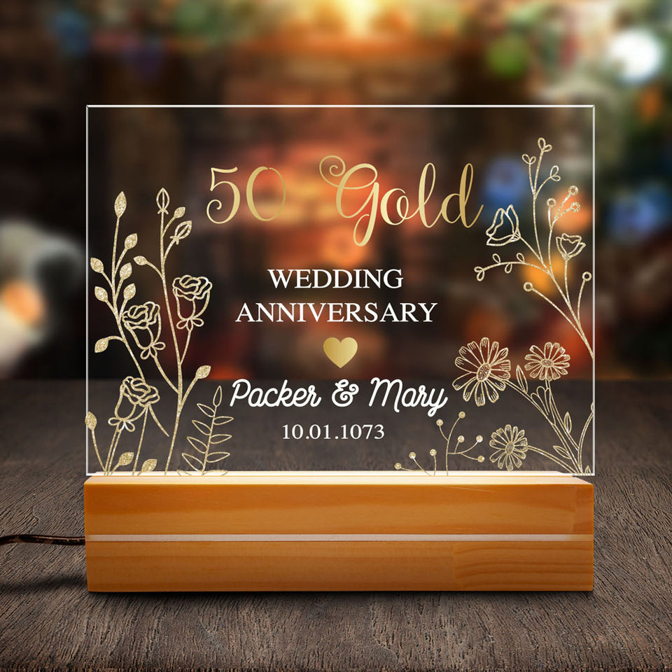 Personalized Golden 50th Anniversary Gift Plaque Anniversary Keepsake Gift Acrylic Plaque LED Lamp Night Light