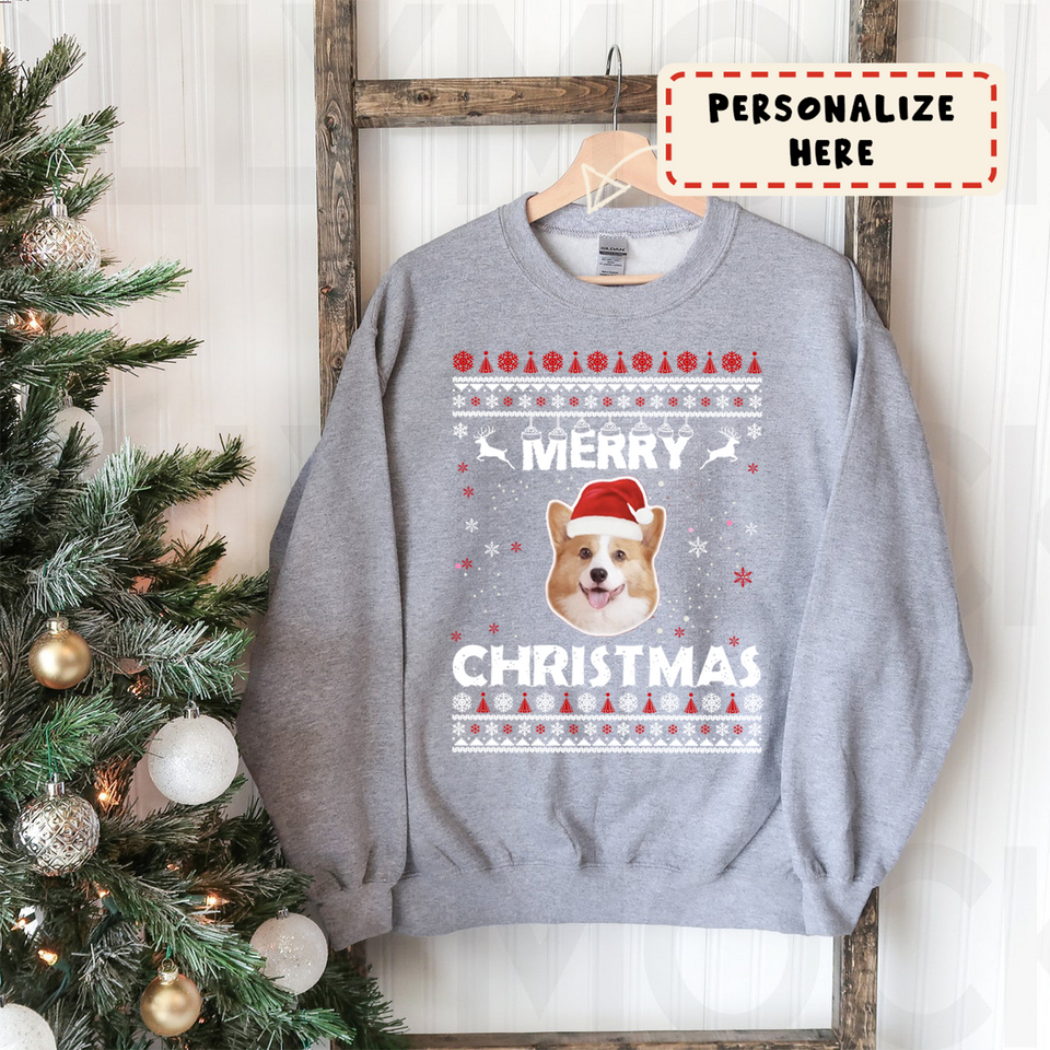 Personalized Dog's Face Christmas Sweatshirt, Custom Pet Photo Christmas Sweatshirt - GreatestCustom